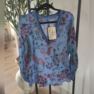 Vintage Goa Embroidered Floral Boho Peasant Top Blouse Bleu 100% Cotton L New